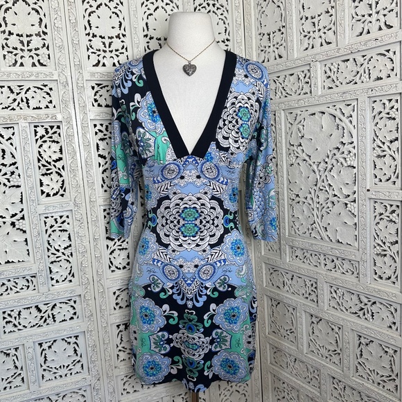 Y2K Blue & Green Baby Phat V Neck Bodycon Tie Back 3/4 Sleeve Dress Sz S/M - Picture 1 of 8